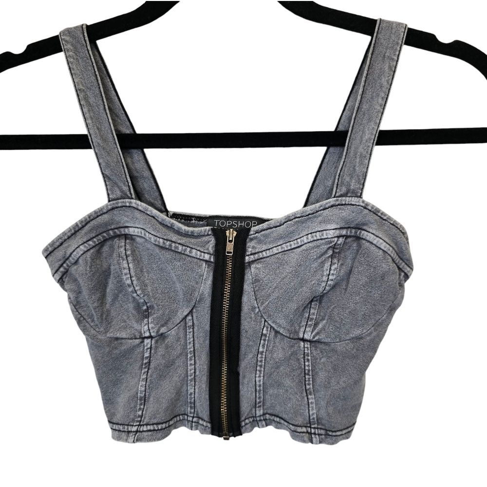 Topshop Women's 2 Gray Denim Zipper Bustier Crop Top